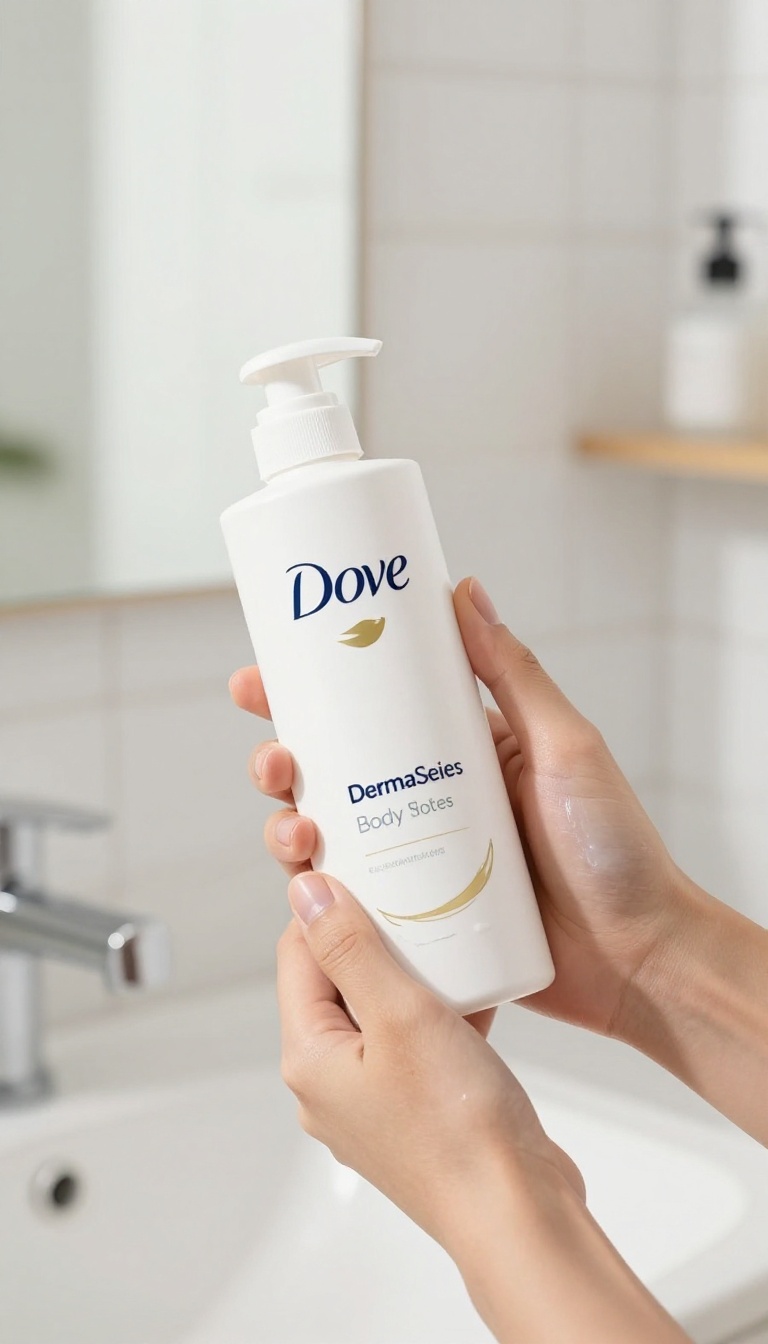 Hand holding a white Dove DermaSeries Body Wash bottle in a bright bathroom with soft light, representing gentle care for very dry skin.
