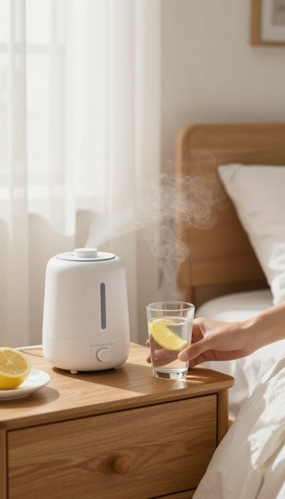 A glass of water with lemon and a humidifier on a nightstand in a bright bedroom, symbolizing overnight hydration for glowing skin.