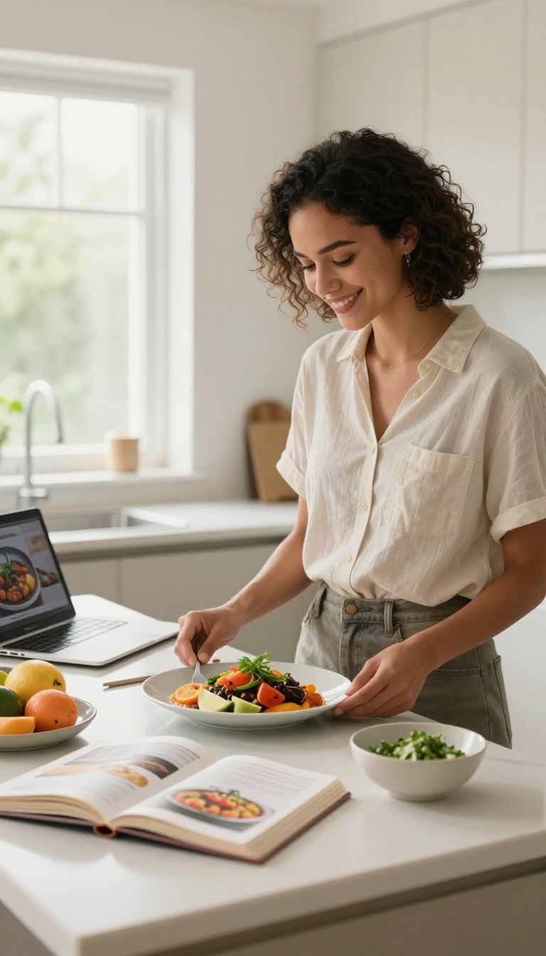Woman proudly presenting a homemade dish in a sunlit kitchen, with ingredients and a laptop nearby