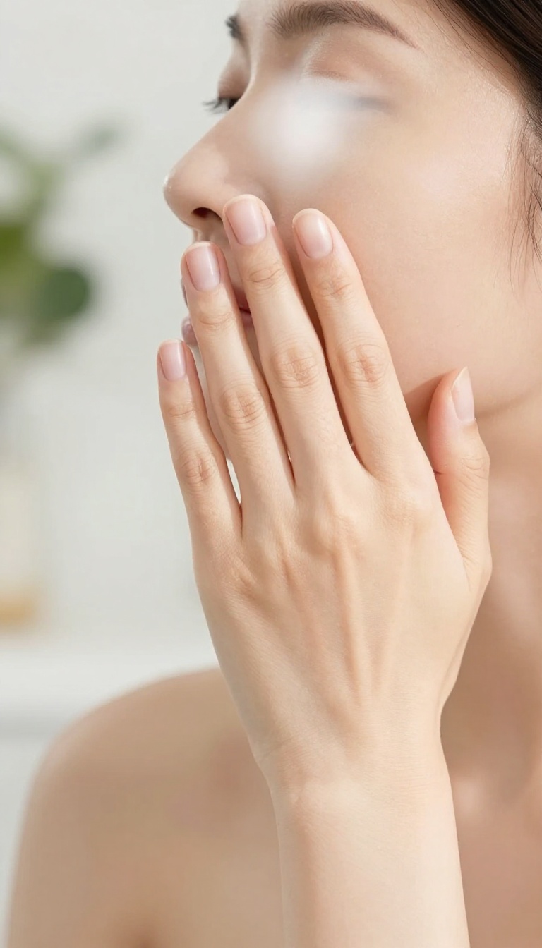 Woman gently touching her cheek, listening to her skin's signals in soft natural light.