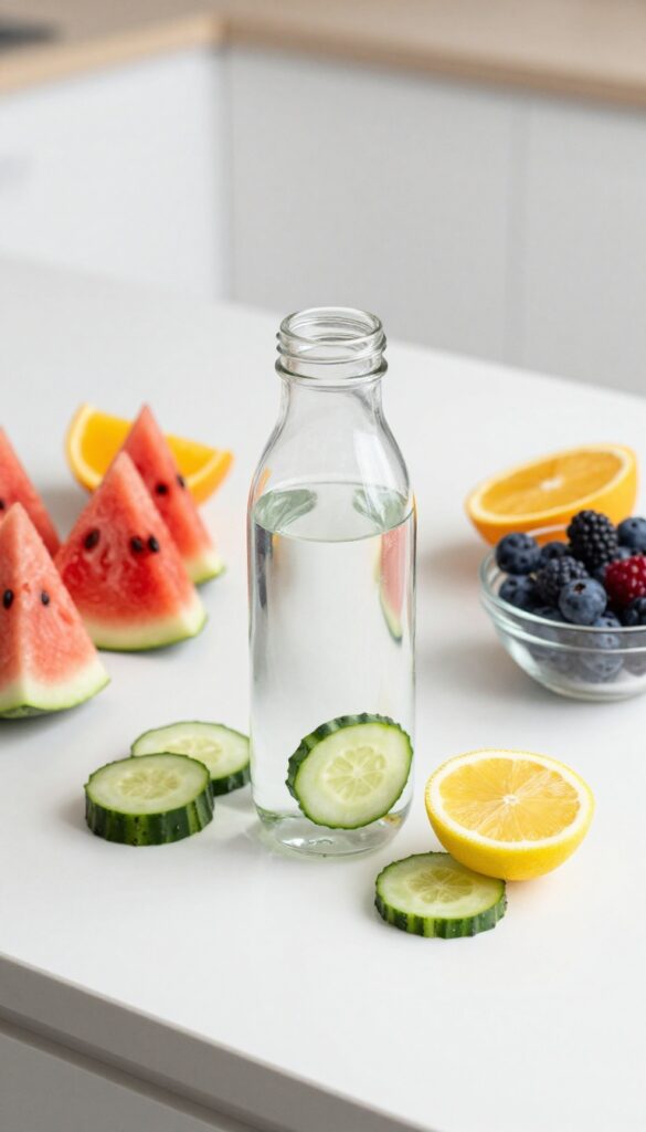 A clear water bottle infused with cucumber and lemon beside fresh watermelon, oranges, and berries on a bright kitchen counter, emphasizing hydration from within.