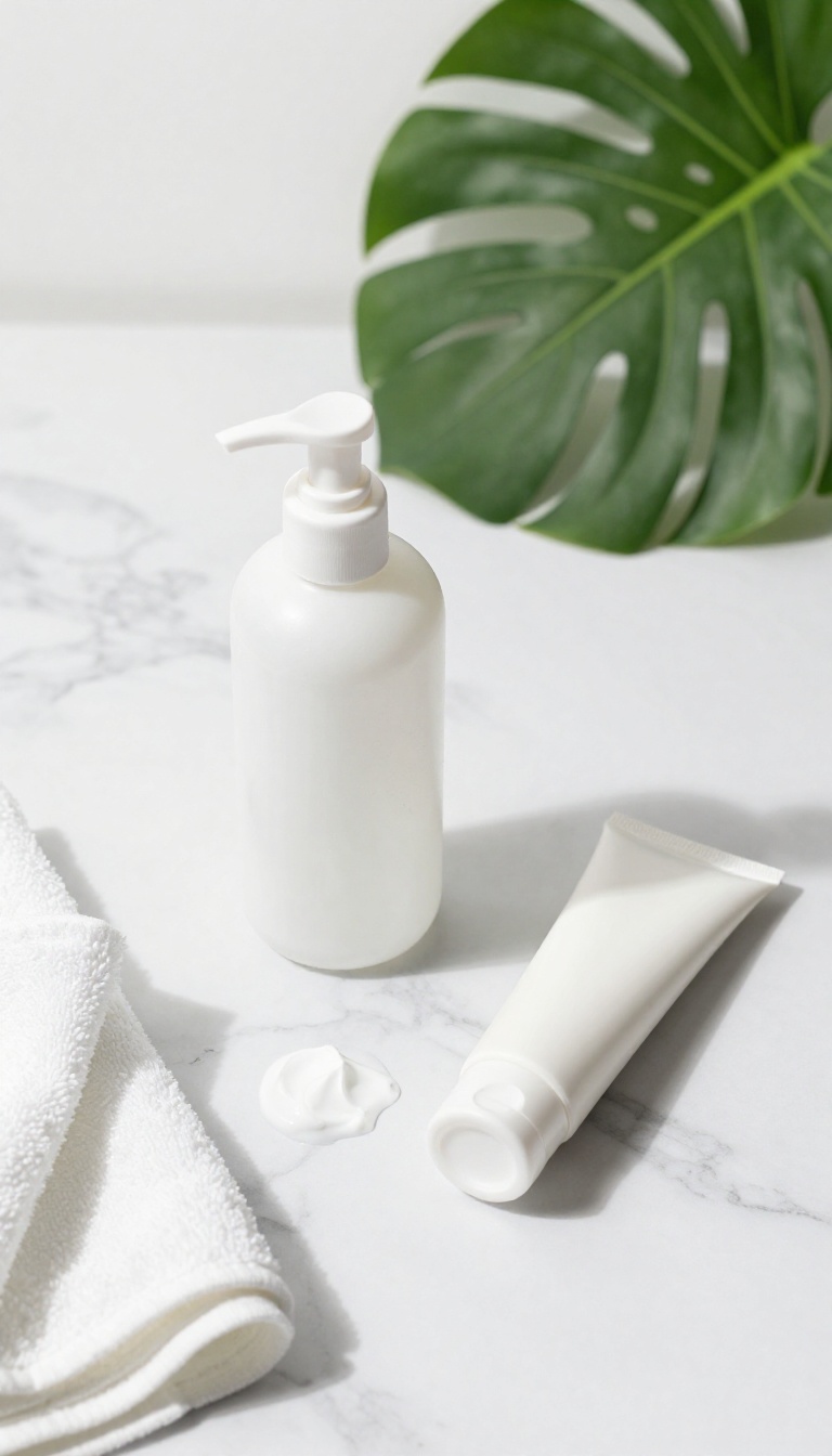 A minimal skincare routine with cleanser, moisturizer, and sunscreen on a white marble surface