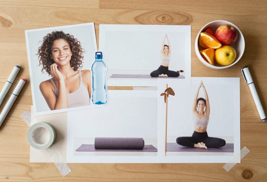 A vision board with body care images and supplies on a wooden table