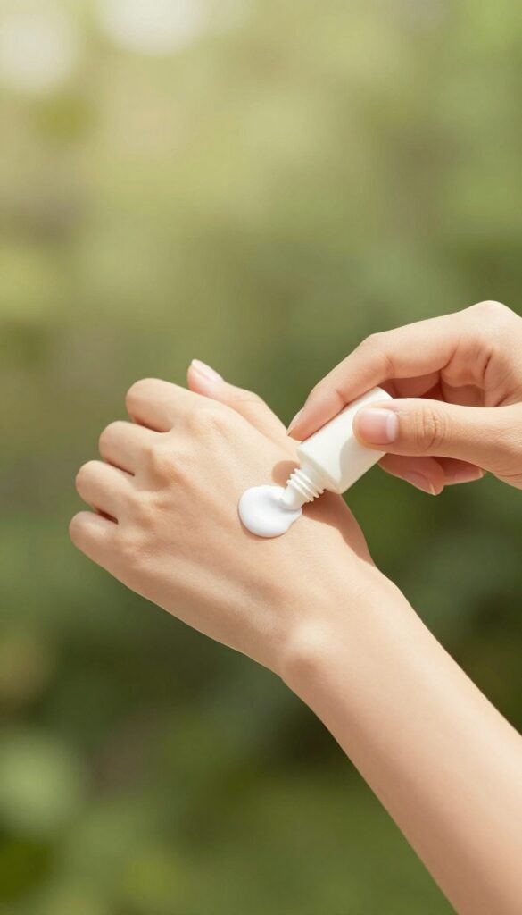 Person applying sunscreen to their arm in bright sunlight, emphasizing skin protection and self-care.