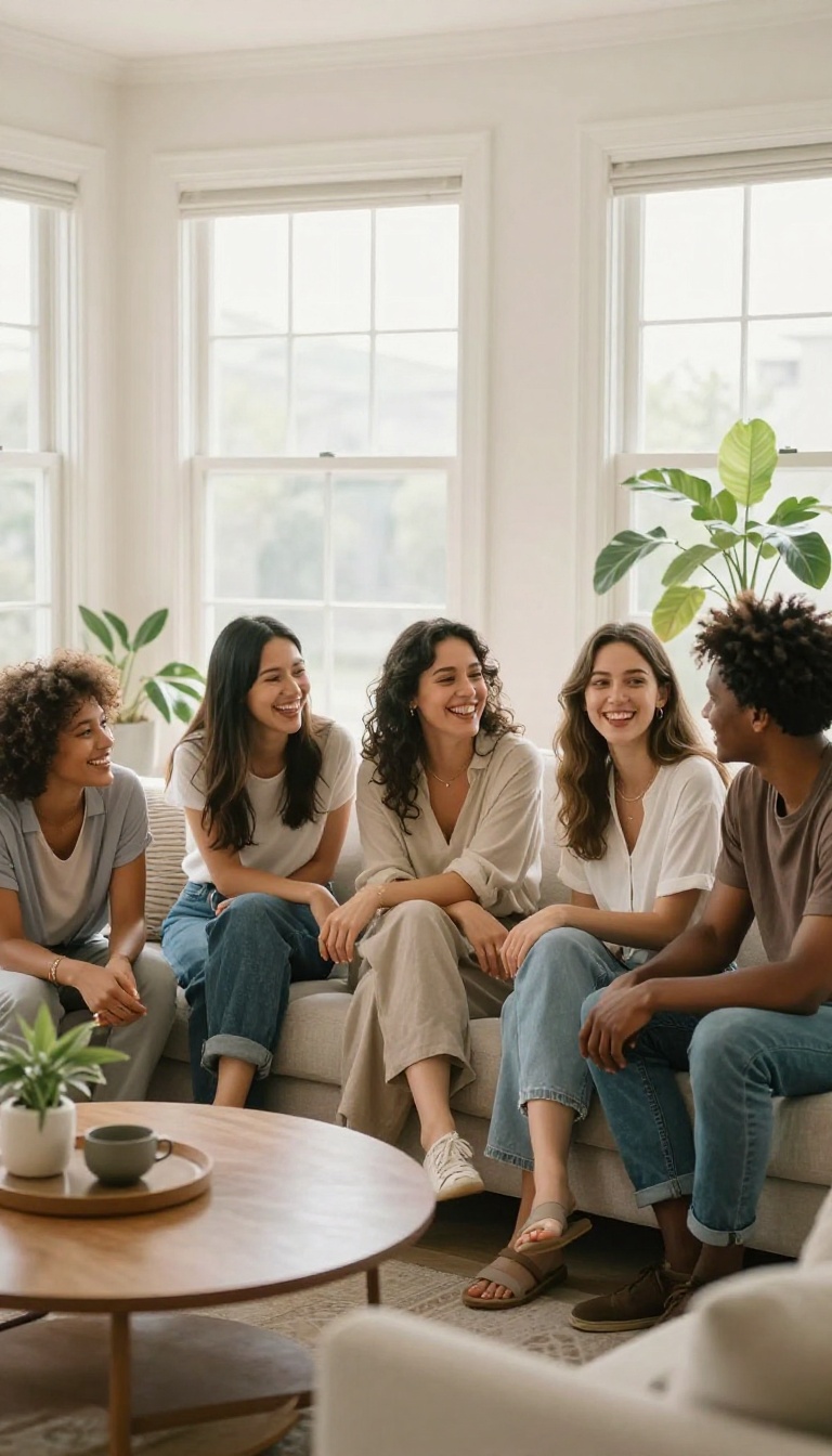 Friends laughing together in a bright living room, conveying support and connection.