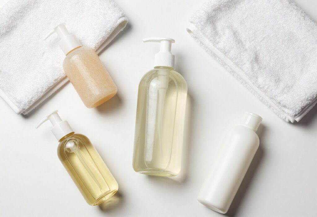 Body skin care products arranged on a white surface for a soft glow routine