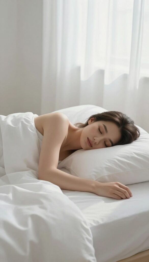 Woman sleeping peacefully with smooth glowing skin in soft morning light