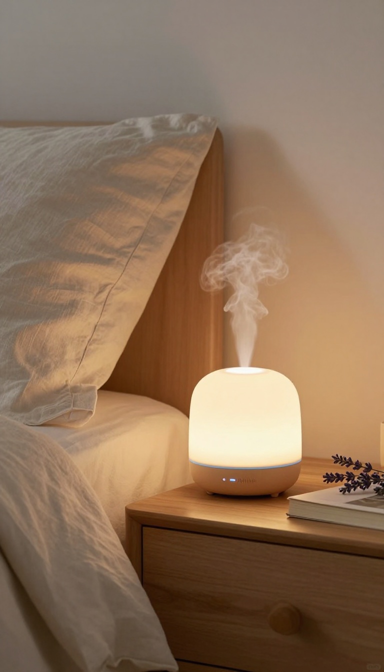 A cozy bedroom with an essential oil diffuser releasing mist on a nightstand, with lavender sprigs and a book, creating a calm sleep environment.