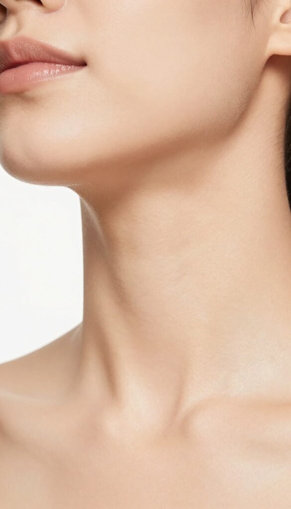 Woman blending foundation down her jawline and neck with a damp sponge for a seamless, natural finish.