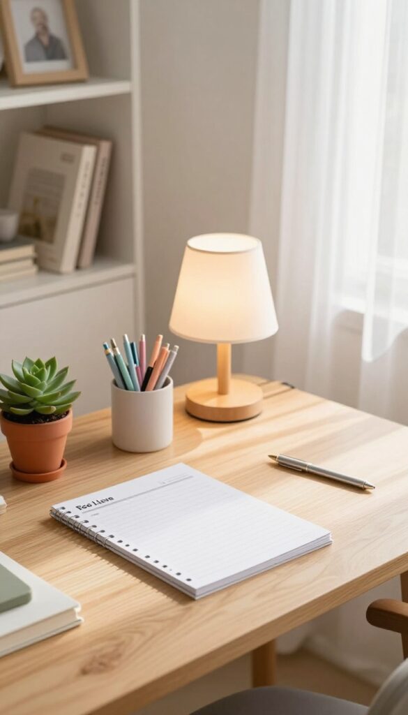 A clean, organized study desk with a planner, pens, a succulent, and a lamp near a window, creating a calm and focused study sanctuary.