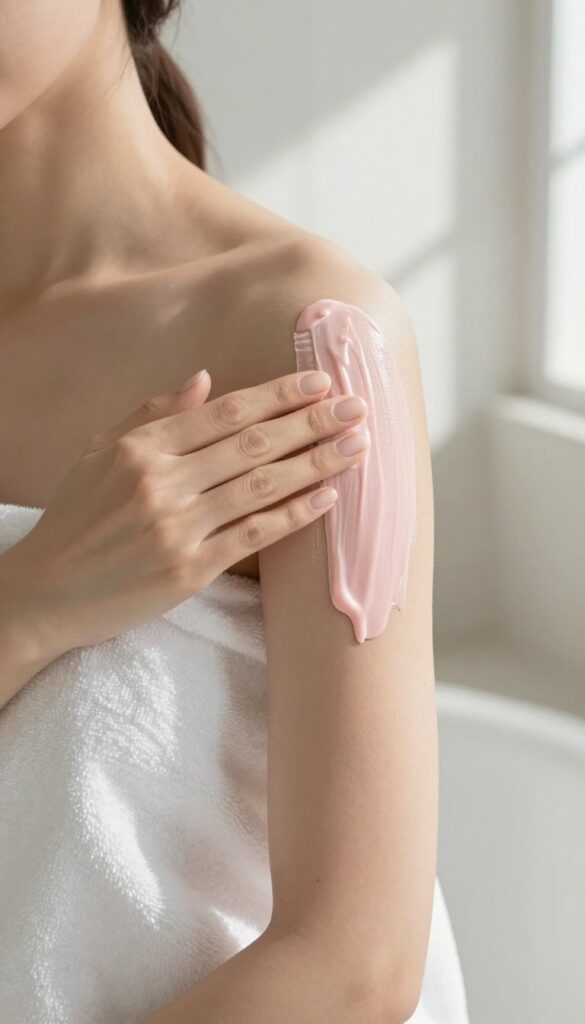 Woman applying a pink body mask to her shoulder in a bright bathroom, emphasizing skin care and spa-like relaxation.