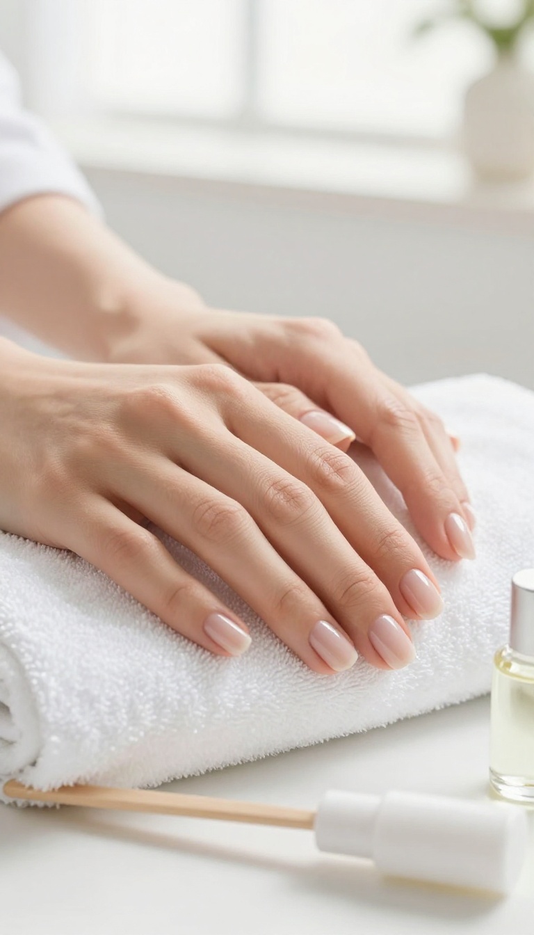 Woman's hands with neat, buffed natural nails resting on a white towel with cuticle care tools nearby