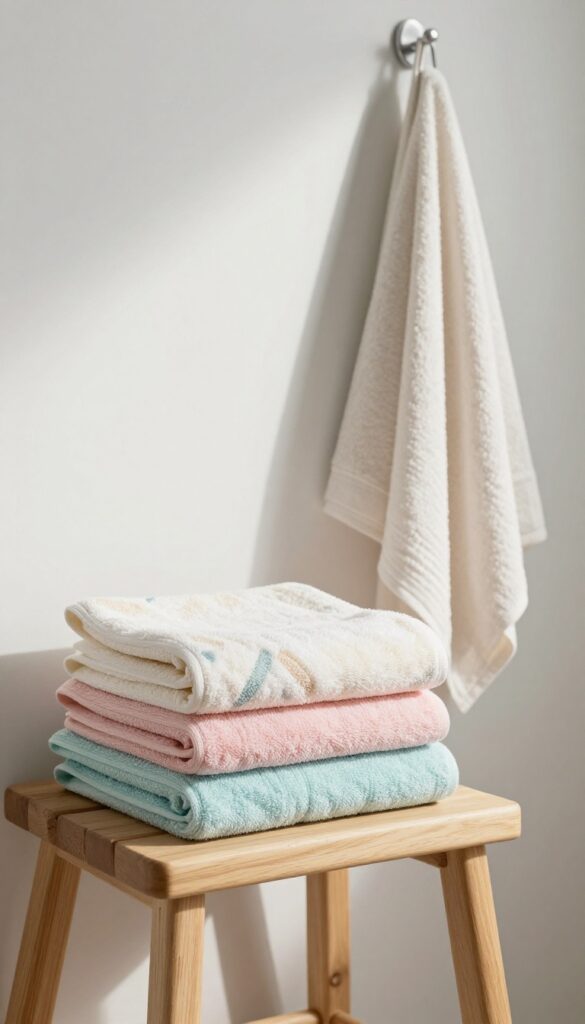 Separate face and body towels neatly arranged in a bright bathroom