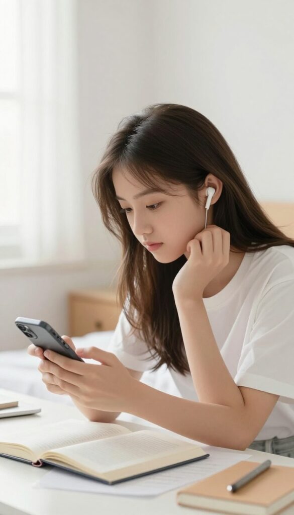 Teenage girl with earbuds listening to music in a bright bedroom before school
