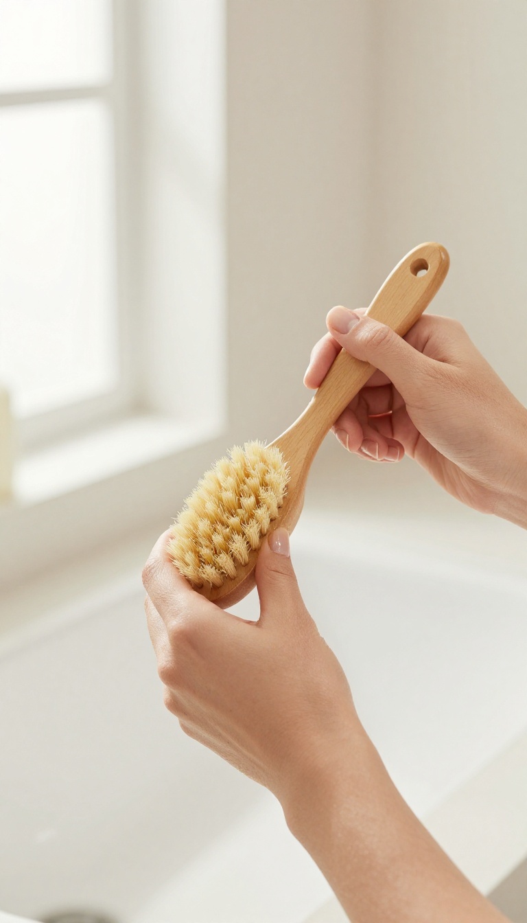 Woman dry brushing her arm with a natural-bristle brush in a bright bathroom