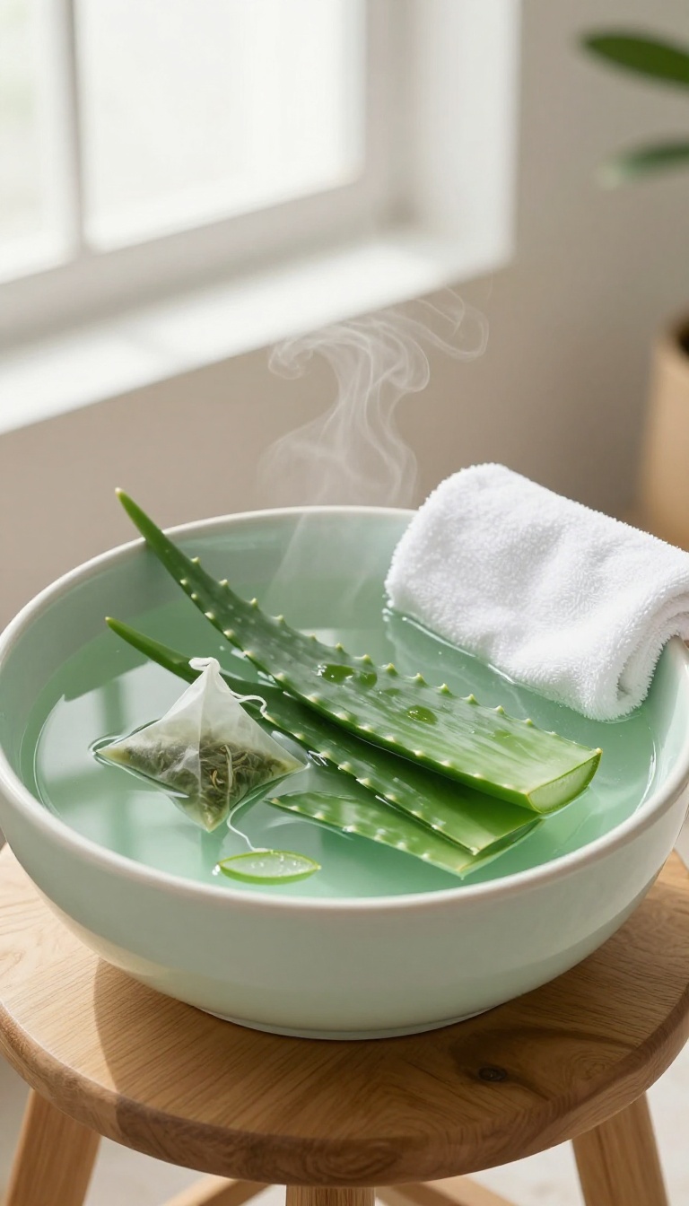 A ceramic basin with green tea and aloe vera foot soak, surrounded by fresh ingredients and a towel in a bright bathroom