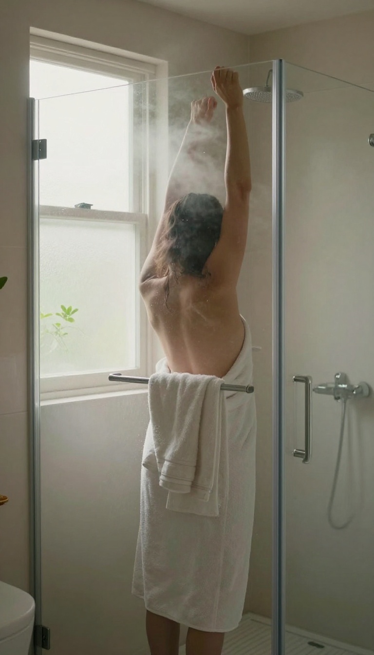 Person stretching in a steam-filled shower with natural light and minimalist decor