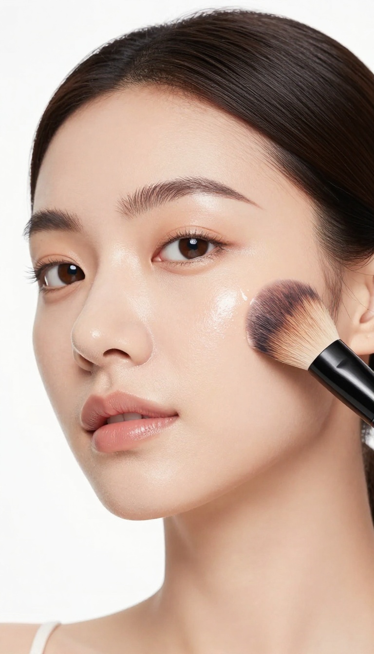Woman applying glow powder over her face for a soft-focus luminous finish