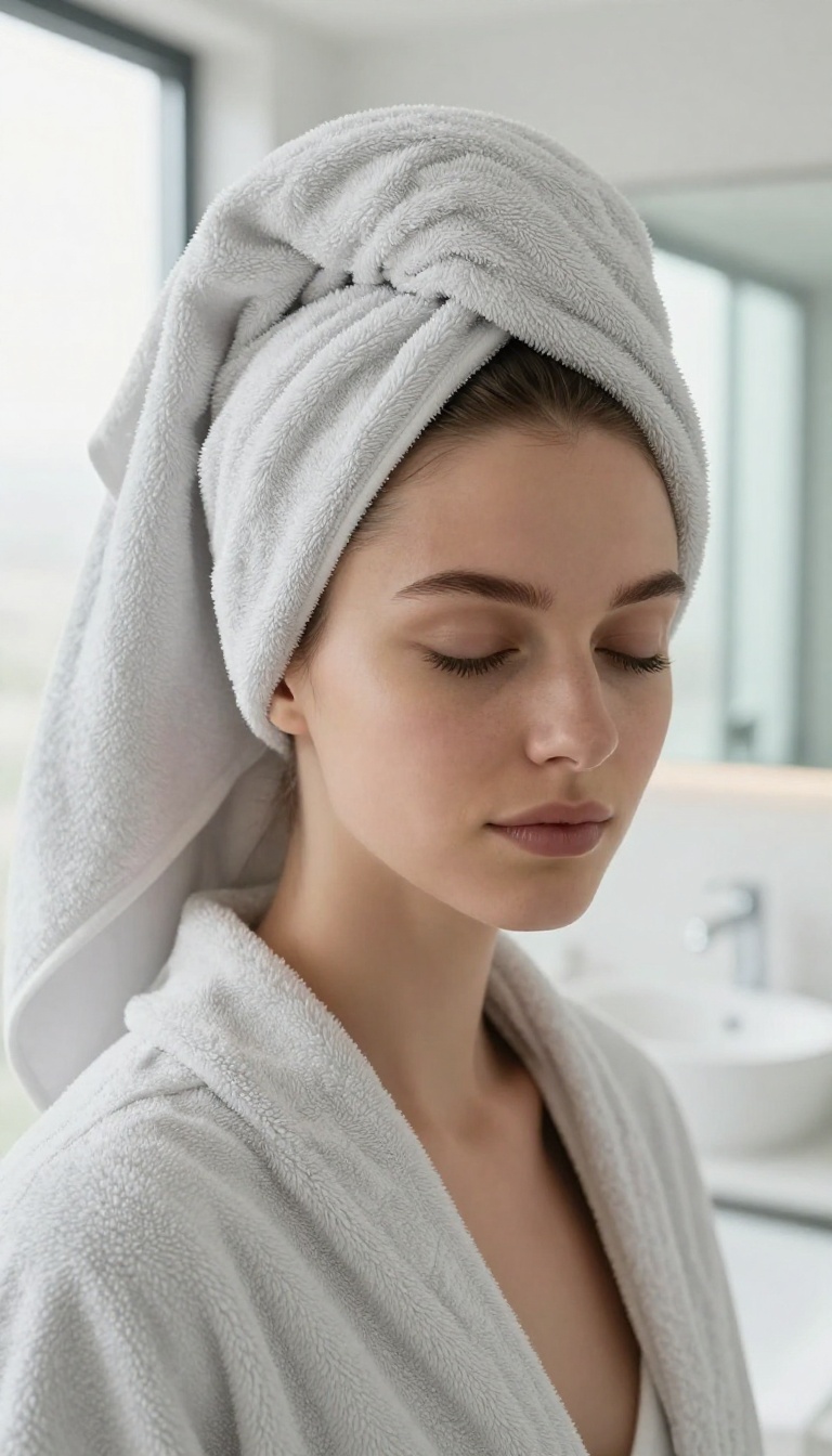 Woman with hair wrapped in a microfiber towel in a bright bathroom