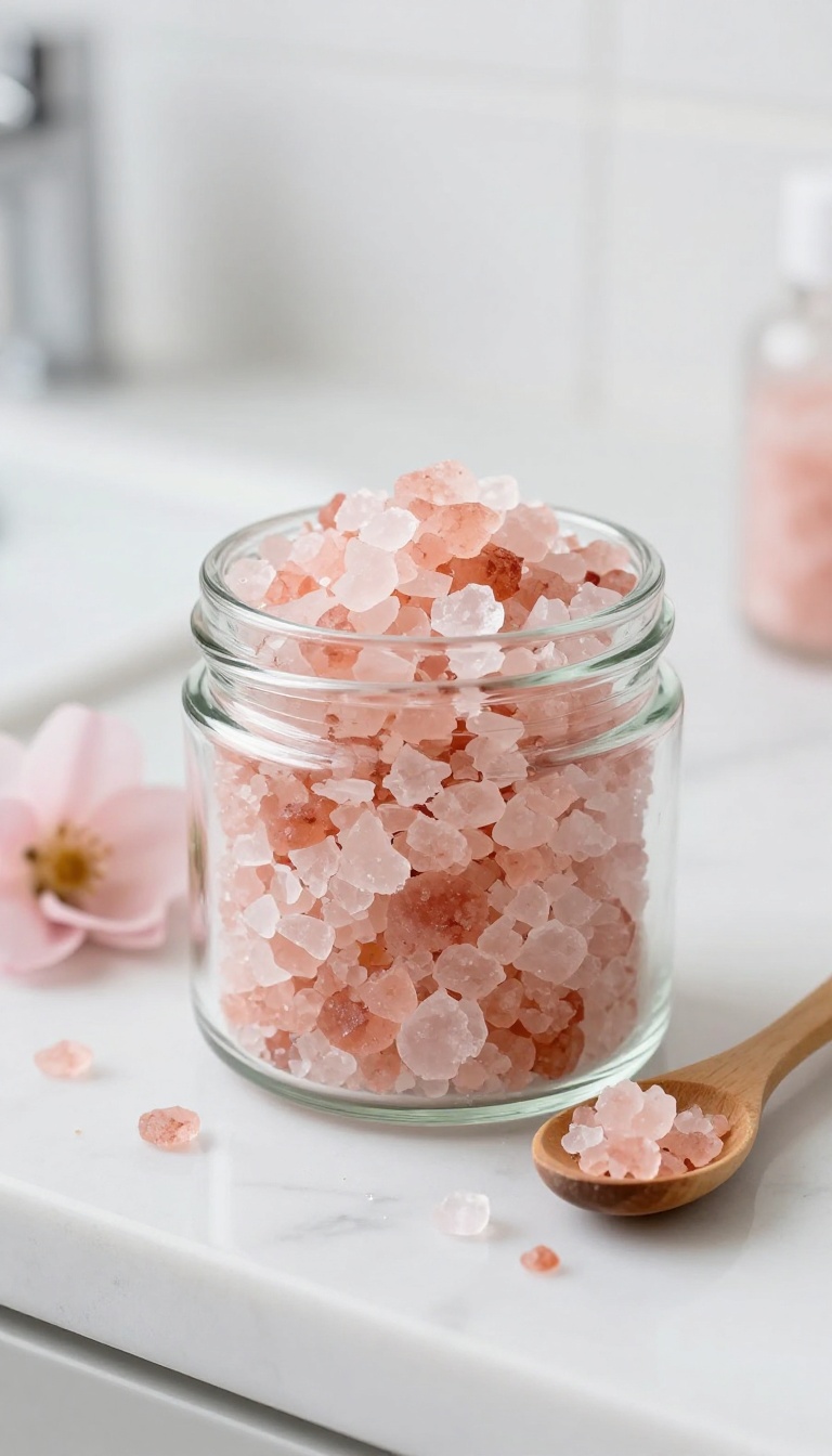 A glass jar of pink salt body polish on a marble counter with pink flowers and a wooden spoon, in bright natural light.