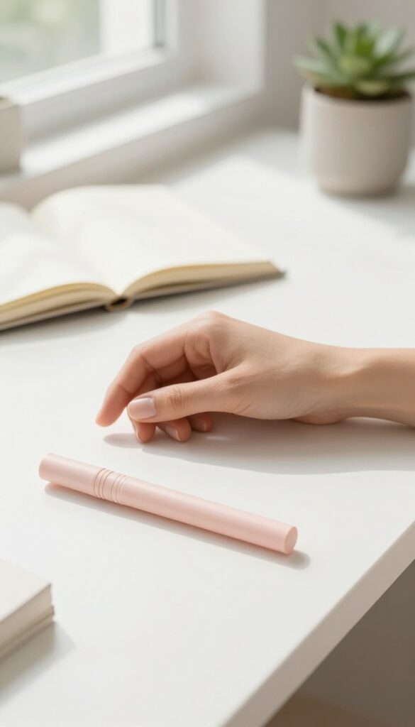 Woman's hands on a desk with a cuticle oil pen, bright natural light, minimalist self-care aesthetic