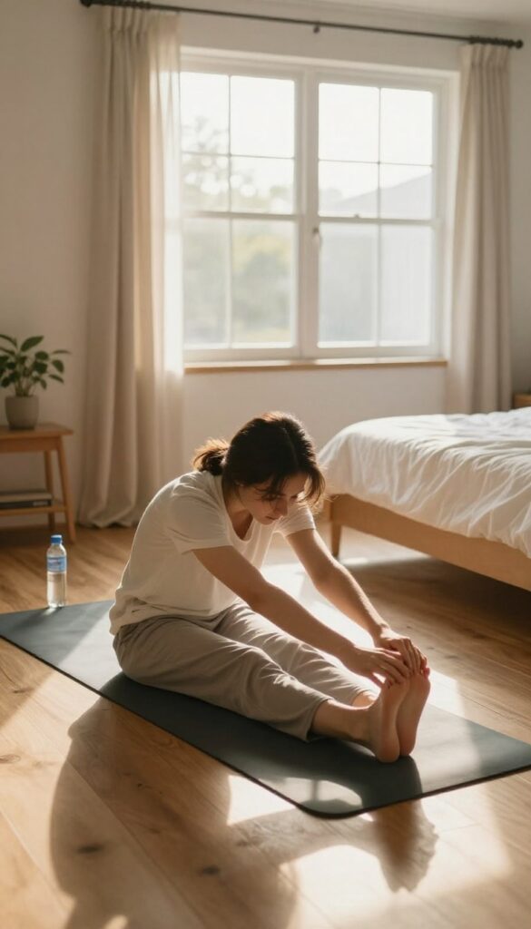 Person stretching in a sunlit bedroom in the morning
