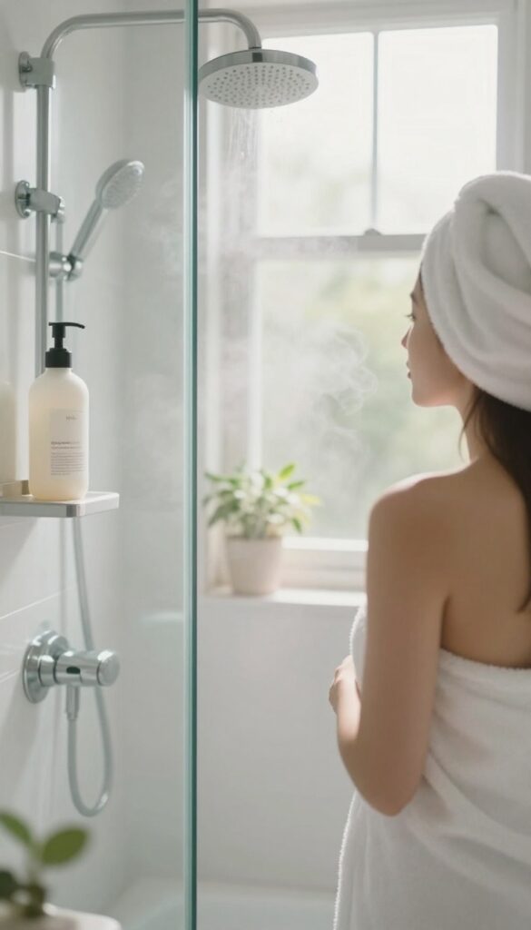 Woman preparing for a refreshing morning shower in a bright, clean bathroom with natural light and a gentle body wash.