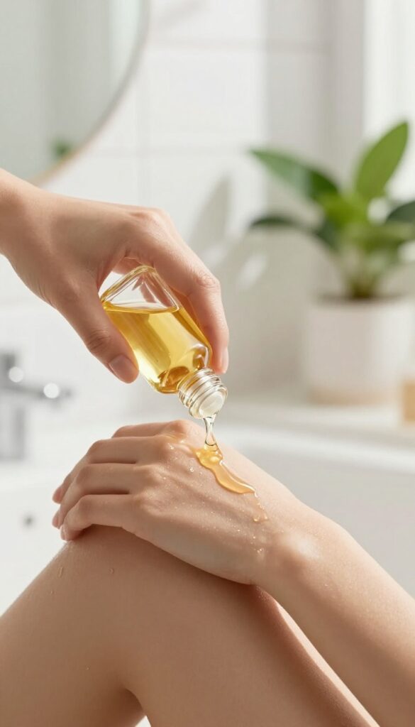 Woman applying body oil to her arm in a bright bathroom, showcasing a healthy glow