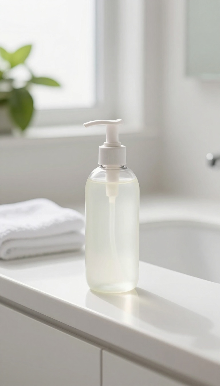 Gentle body wash pump bottle on a bathroom counter with natural light