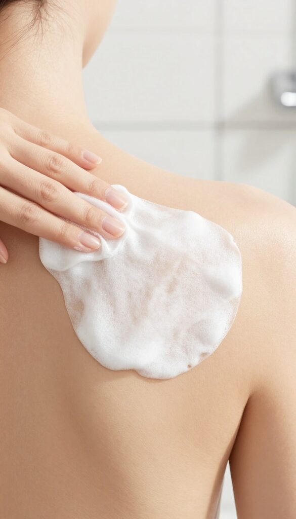 Person applying a glycolic acid pad to their back in a bright bathroom