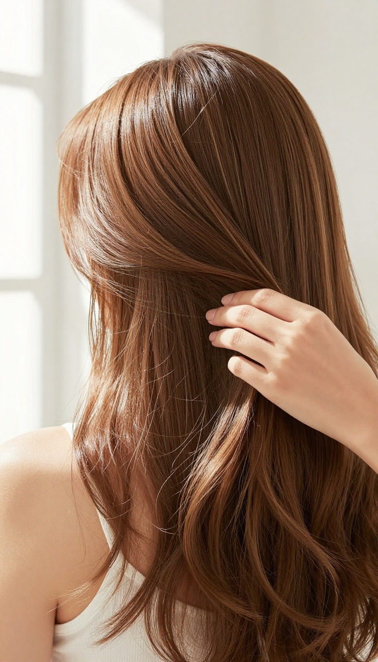 Woman touching her soft, healthy hair in natural sunlight