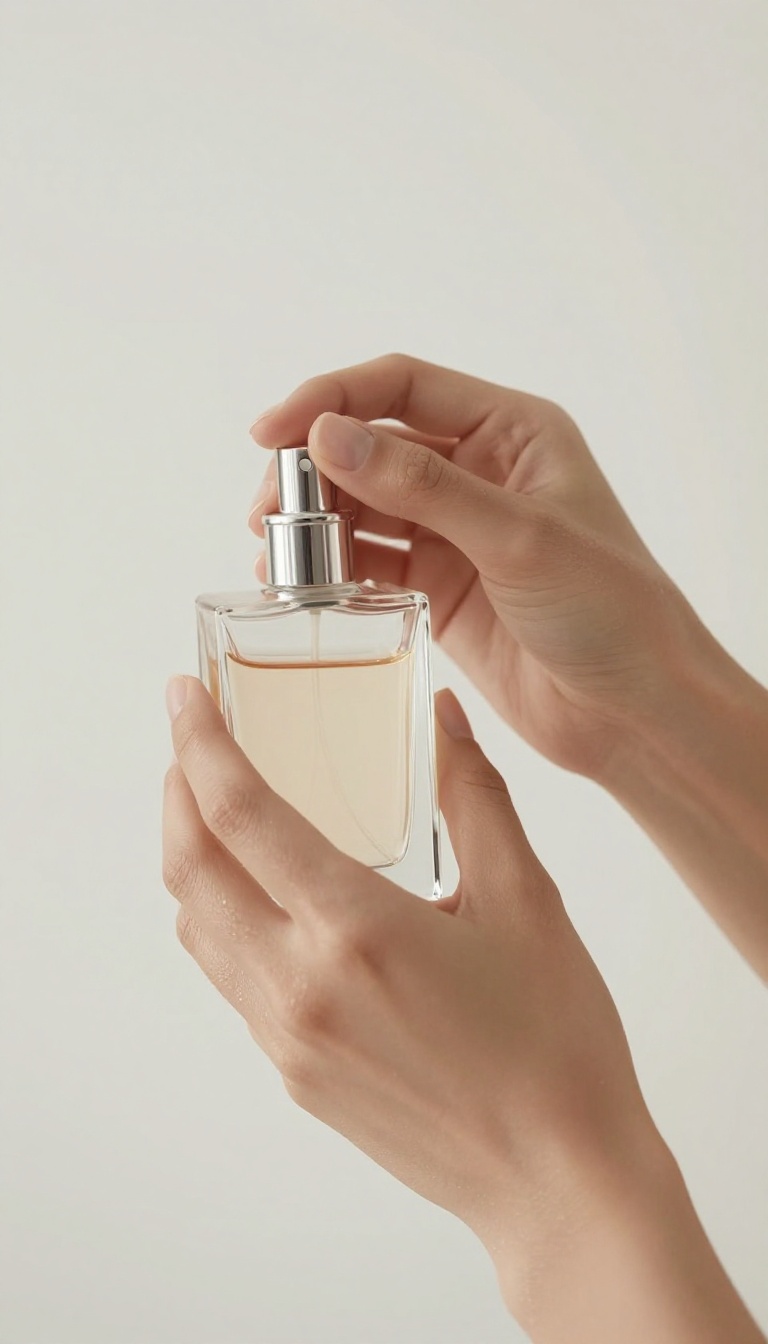 A woman applying perfume to her wrist in soft natural light, with an elegant bottle nearby, representing a signature scent in a beauty routine.