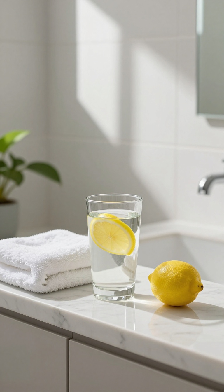 Glass of water with lemon on a bathroom counter after a shower