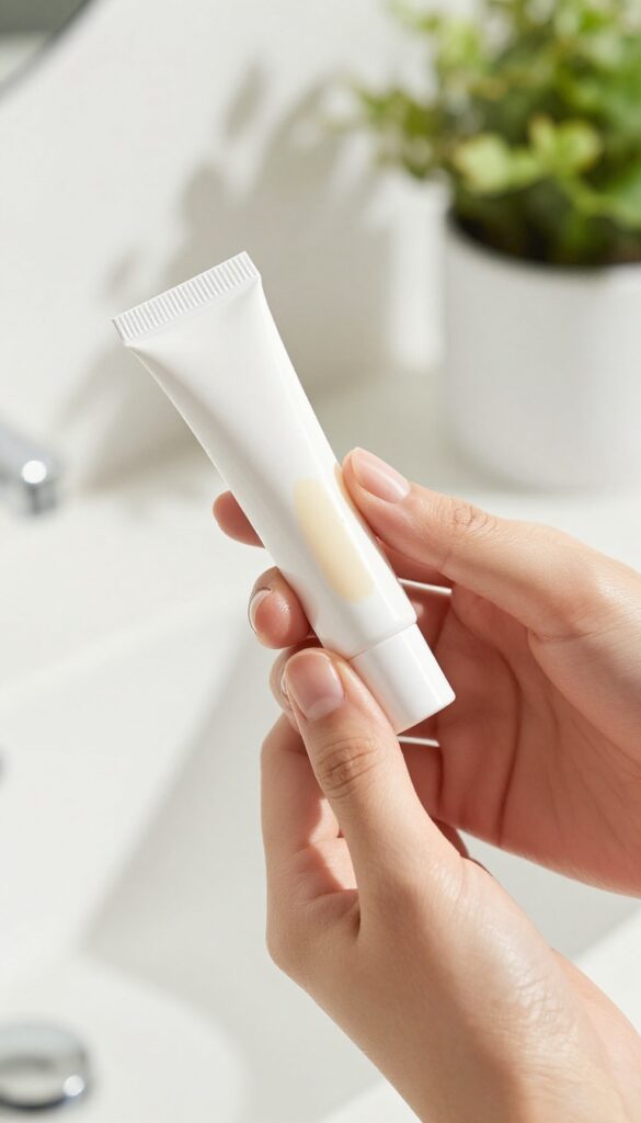 Close-up of a woman applying SPF lip balm in a bright bathroom