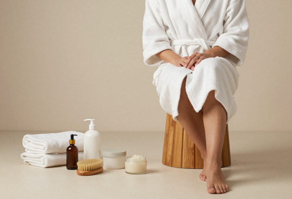Person in a white robe in a spa-like bathroom with body care products
