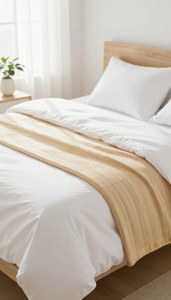 Fresh white bed sheets in a sunlit bedroom, symbolizing weekly sheet changes for clear skin