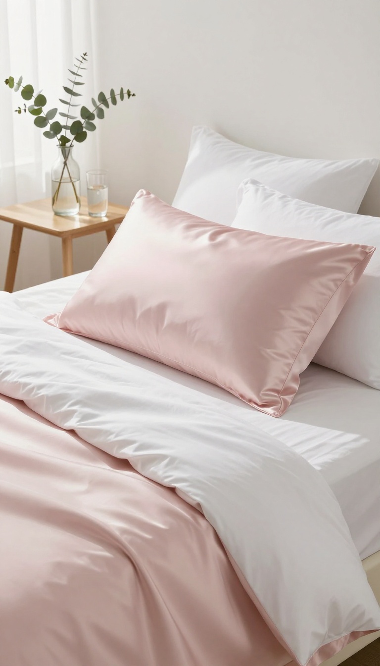 A bright bedroom with a silk pillowcase on a neatly made bed, exuding a calm and luxurious morning vibe.