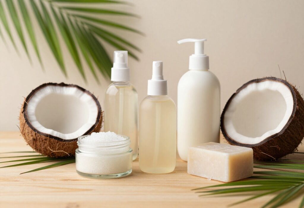 Assorted coconut body care products on a wooden table with fresh coconut and palm leaves