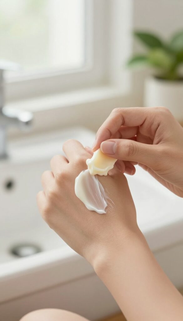 Hands applying rich shea butter balm to elbow in bright bathroom