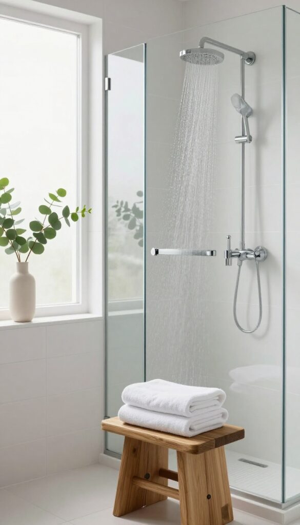 Hand adjusting shower temperature to lukewarm in a bright, spa-like bathroom with soft steam and natural light.
