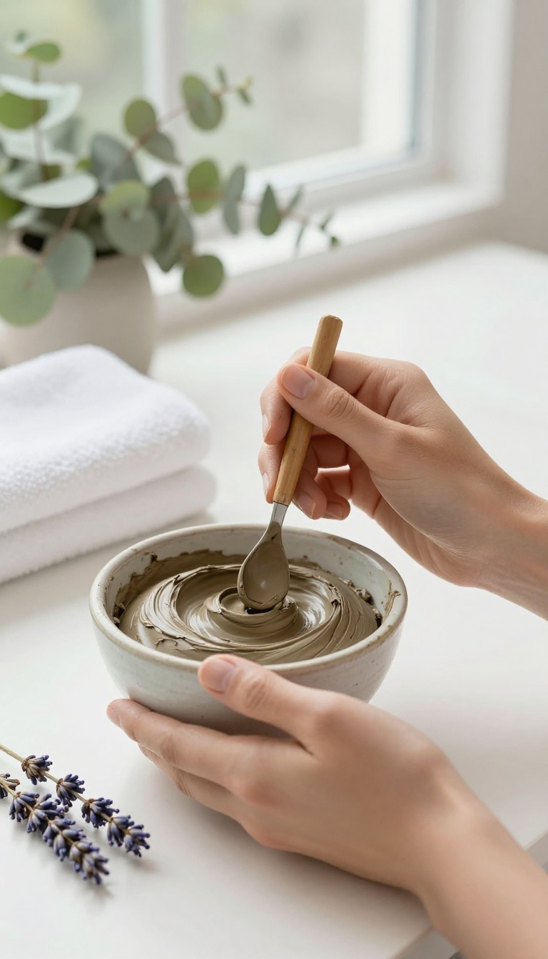 Woman applying ghassoul clay mask to her face in a bright bathroom with natural light and spa-like ambiance.