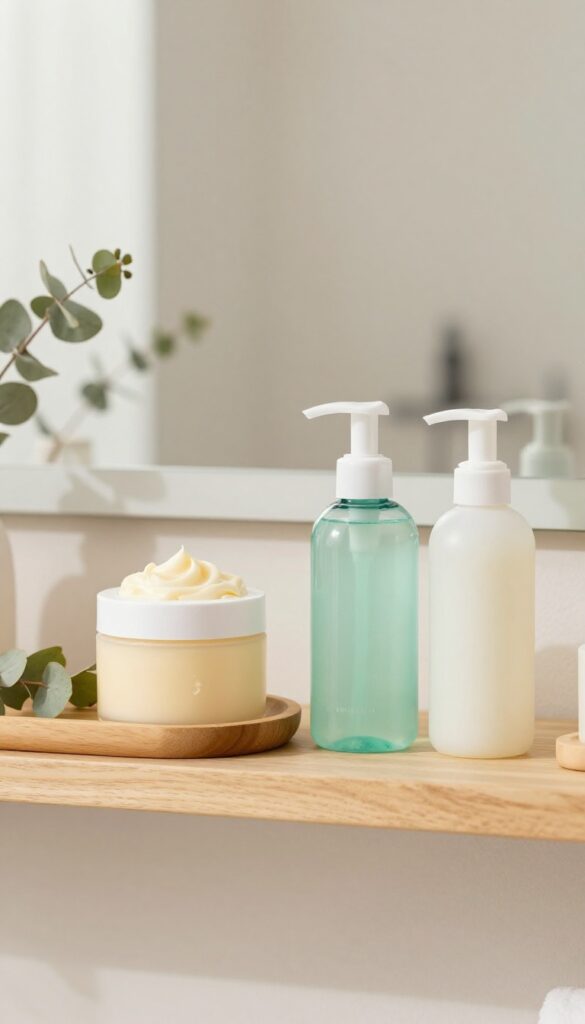 Seasonal body care products for winter and summer on a bathroom shelf
