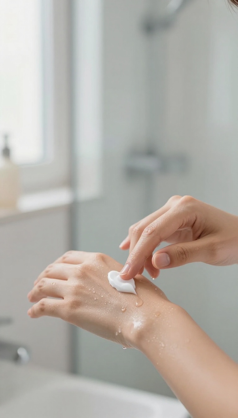 Woman applying moisturizer to damp skin after shower