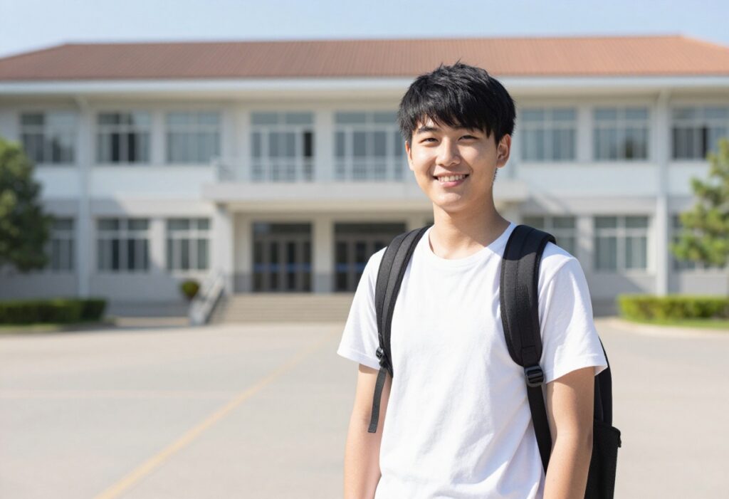 Student smiling with backpack in front of school on sunny morning