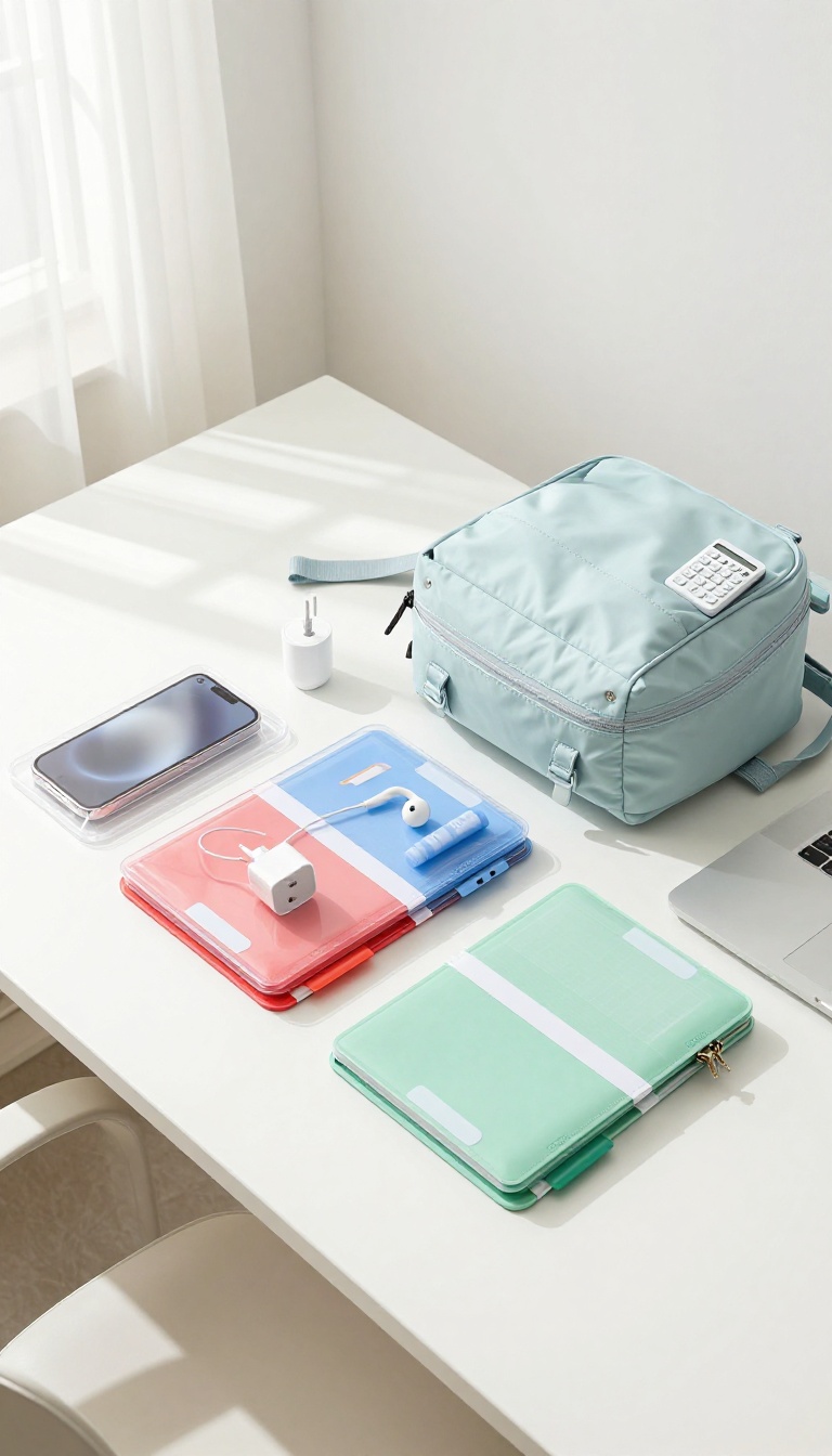 Organized backpack with clear pouches and color-coded folders on a desk