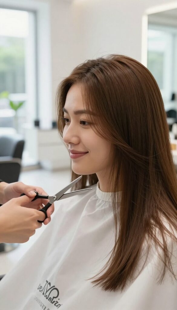Woman getting a trim in a bright salon