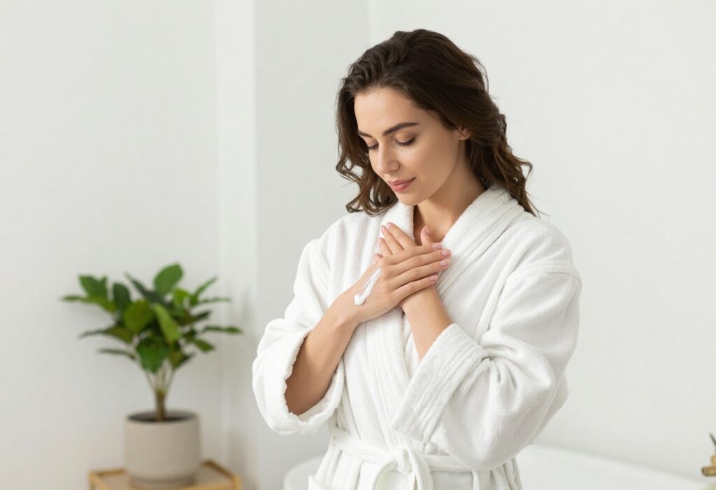 Woman applying body lotion in a bright bathroom for glowing skin