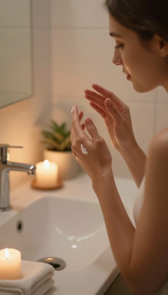 Woman applying nighttime moisturizer in a cozy, candlelit bathroom, serene and fresh-faced.