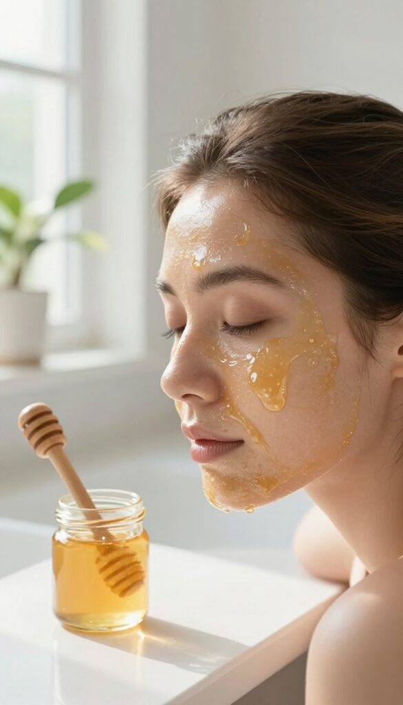 Woman with honey mask on her face, glowing skin, in a bright bathroom with natural light and a jar of honey nearby