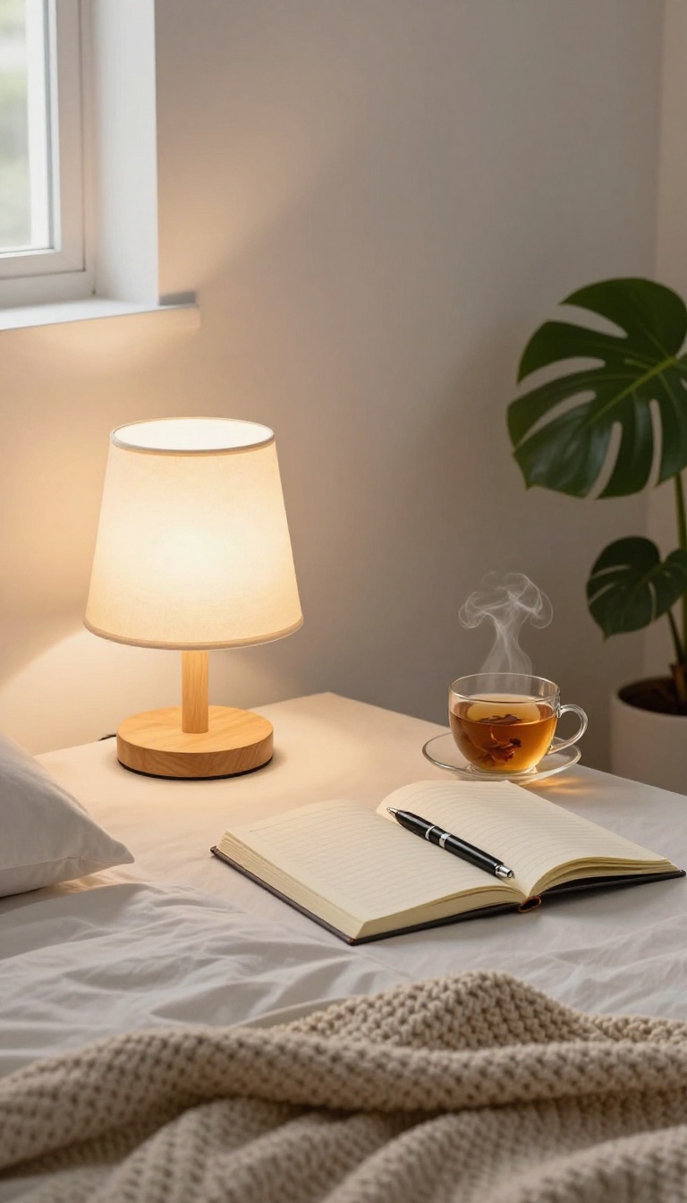 A cozy bedroom scene with a journal and tea on a nightstand, representing a nightly self-care ritual